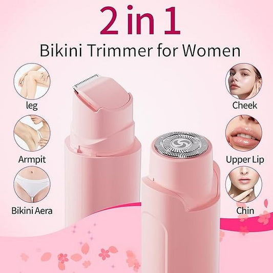 Akunbem Bikini Trimmer for Women, Electric Shaver and Razor Rechargeable 2-in-1 Body and Facial Epilator, Dual Heads for Painless Trimming of Pubic Hair, Face, Underarms and Legs, lPX7 Waterproof.
